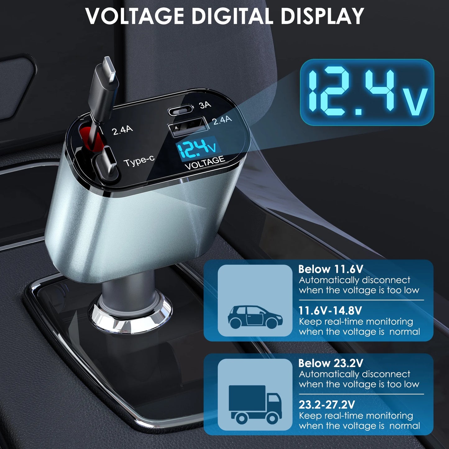 NeoCharge™ 4-in-1 Retractable Car Charger (66W Fast Charge)
