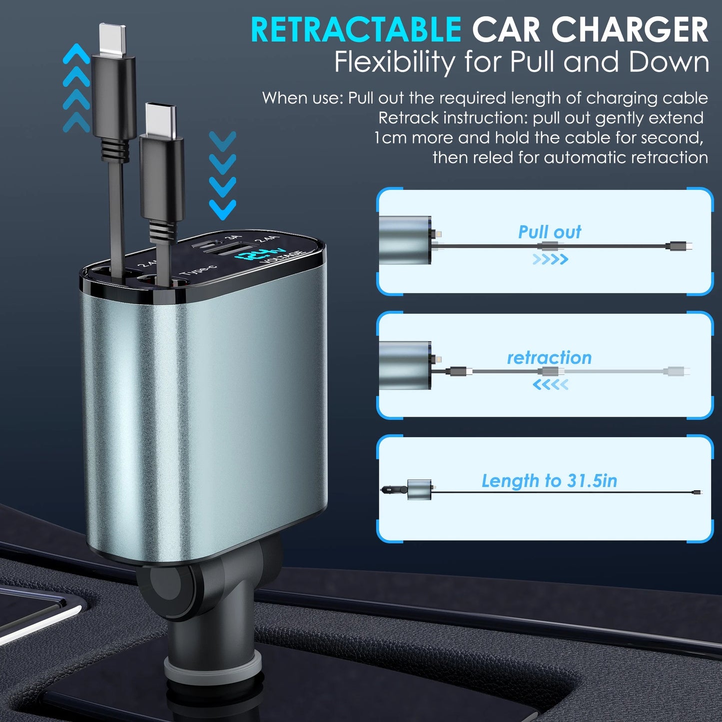 NeoCharge™ 4-in-1 Retractable Car Charger (66W Fast Charge)